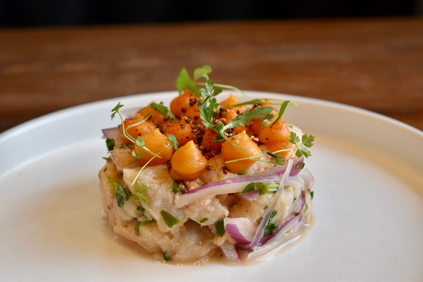 Soca ceviche | Lime |  Cilantro | Sweet Potato Mousse | Fried Plantains